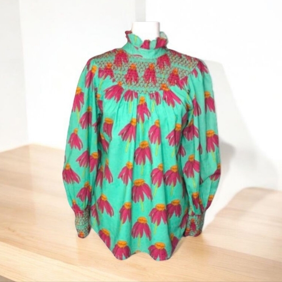 Victoria Dunn Tops - Victoria Dunn Popping Posey Long Sleeve Smocked Neck Blouse Size XS